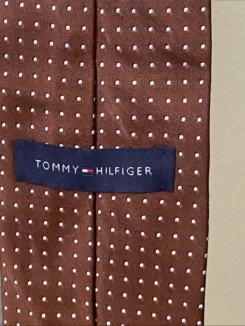 Tommy Hilfiger Brown and light blue silk Tie with White Polka Dots like new